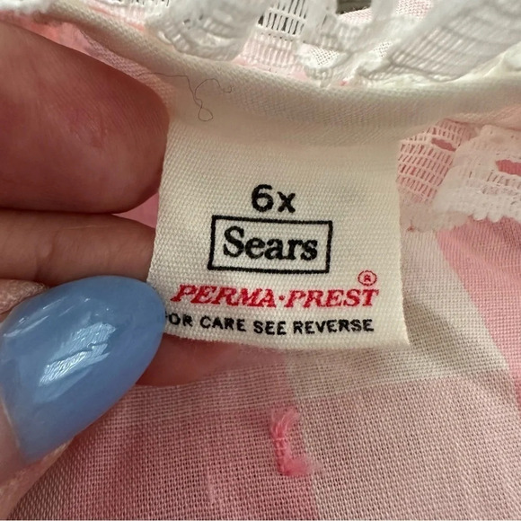 Vintage Sears Girls size 6X Perma Prest Pink Gingham Ruffle Party Dress Floral - Picture 3 of 11